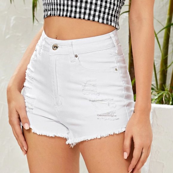 Shein | Distressed White Denim Shorts - Picture 1 of 6